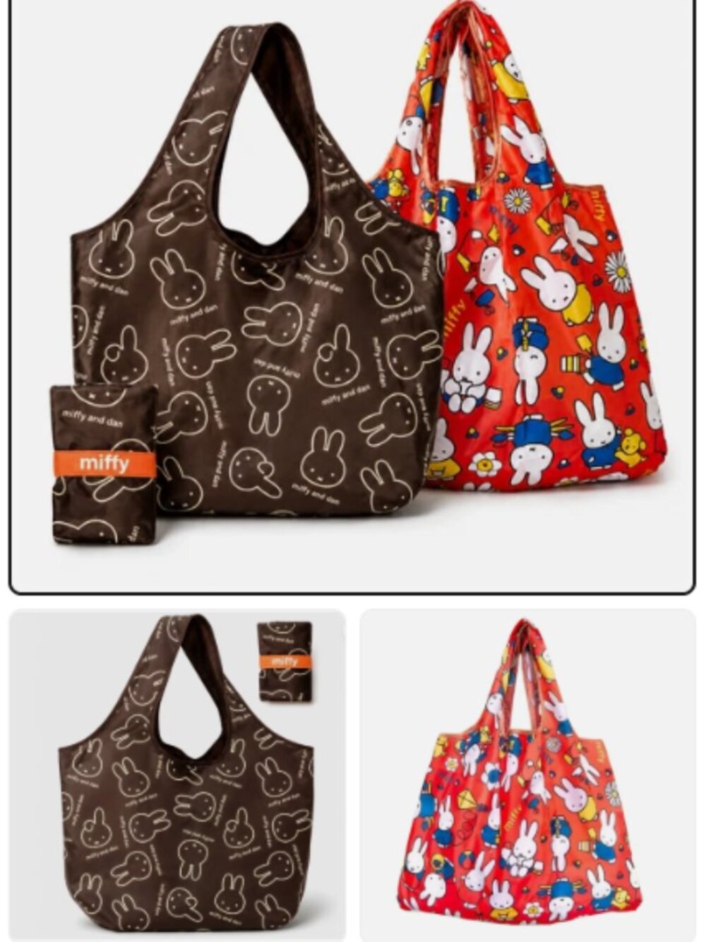 Set of 2 Miffy Style Foldable Tote Bags Rabbit Reusable Shopping Travel Book Bag